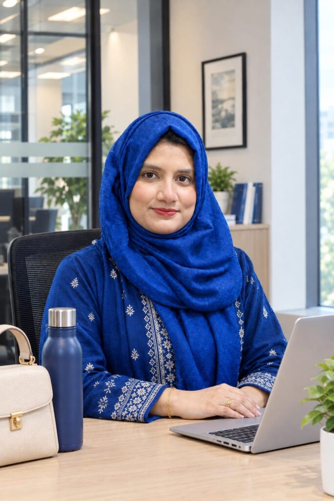 Tooba Habib, Lead Editor and Senior Ghostwriter, seated at a desk.